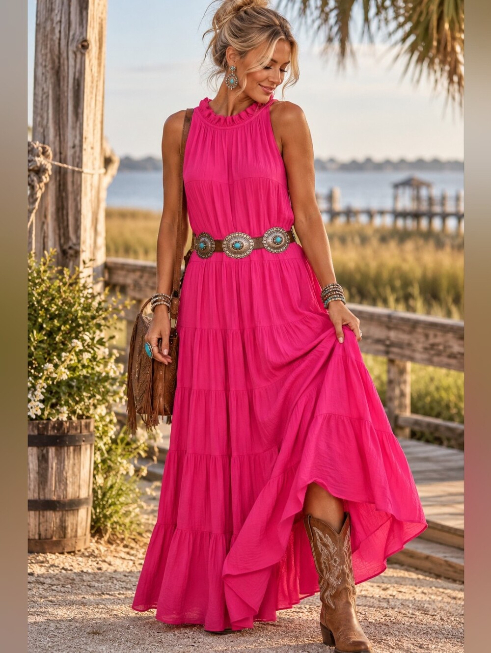 Entro Pink Tiered Maxi Dress Small Ruffle Neck Tie Back Boho Western
